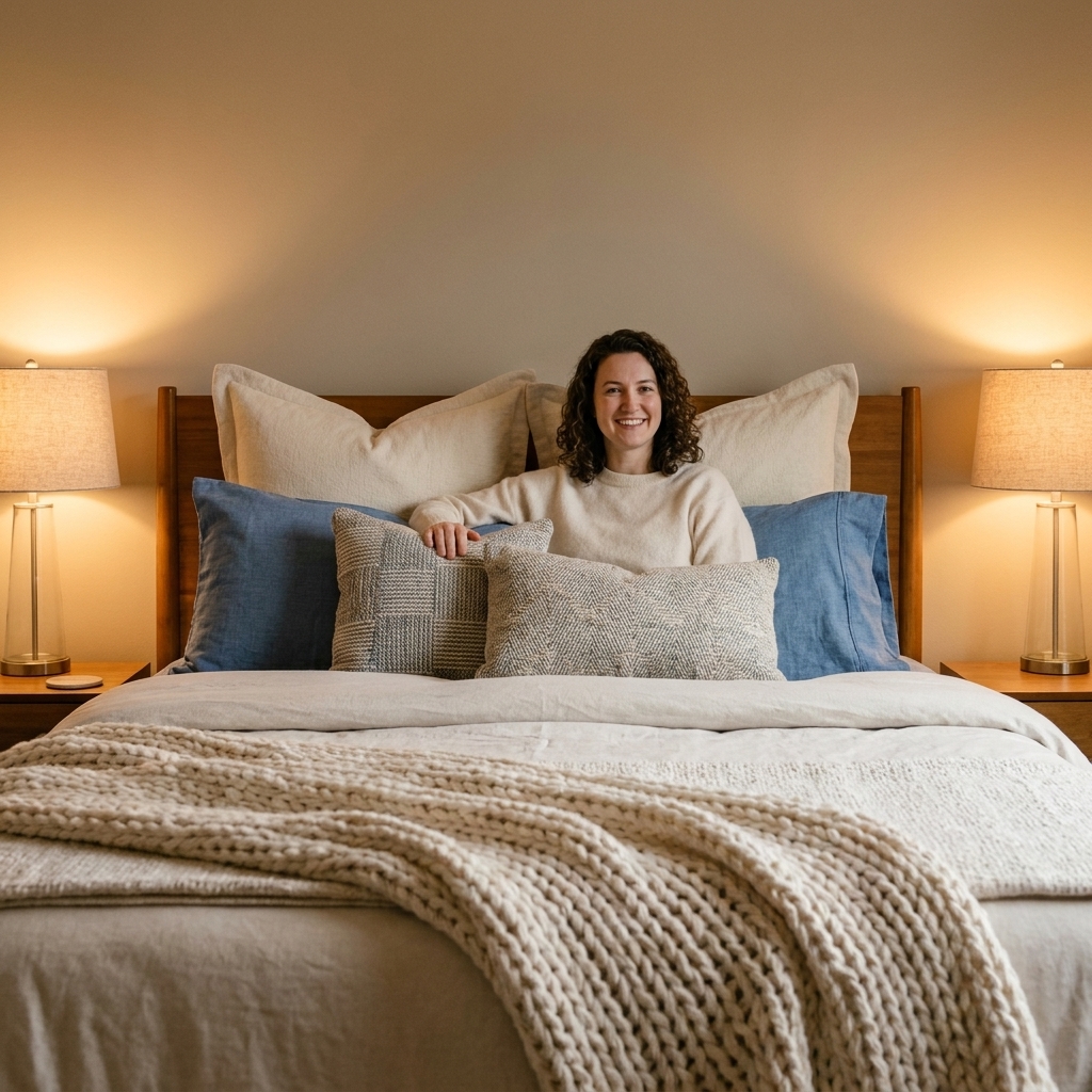A queen bed with two Euro shams, two standard shams, and a pair of smaller accent pillows layered in front, styled with a textured throw blanket and warm bedside lamps