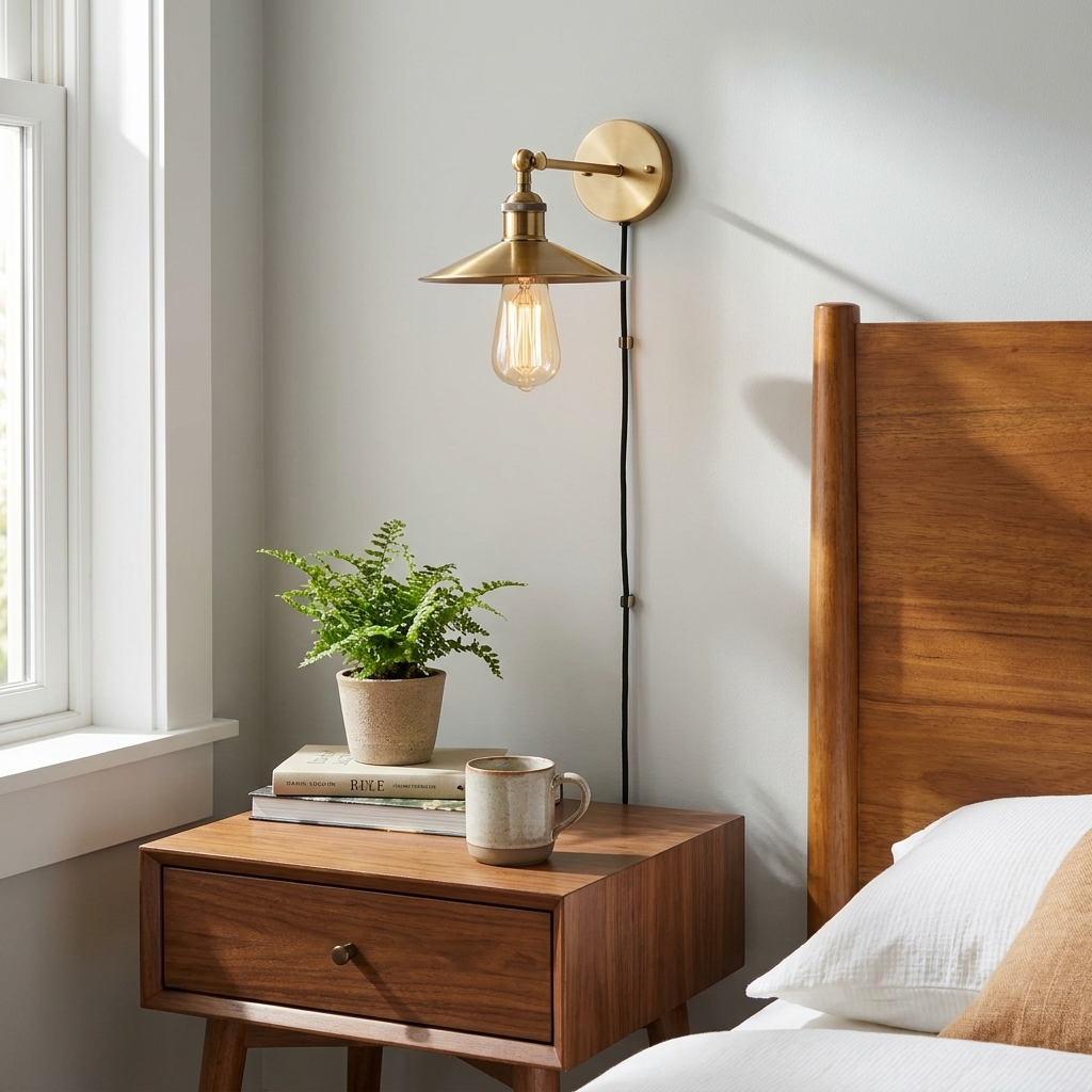 A real bedroom with a plug-in wall sconce mounted beside the bed, the cord neatly routed down behind a nightstand