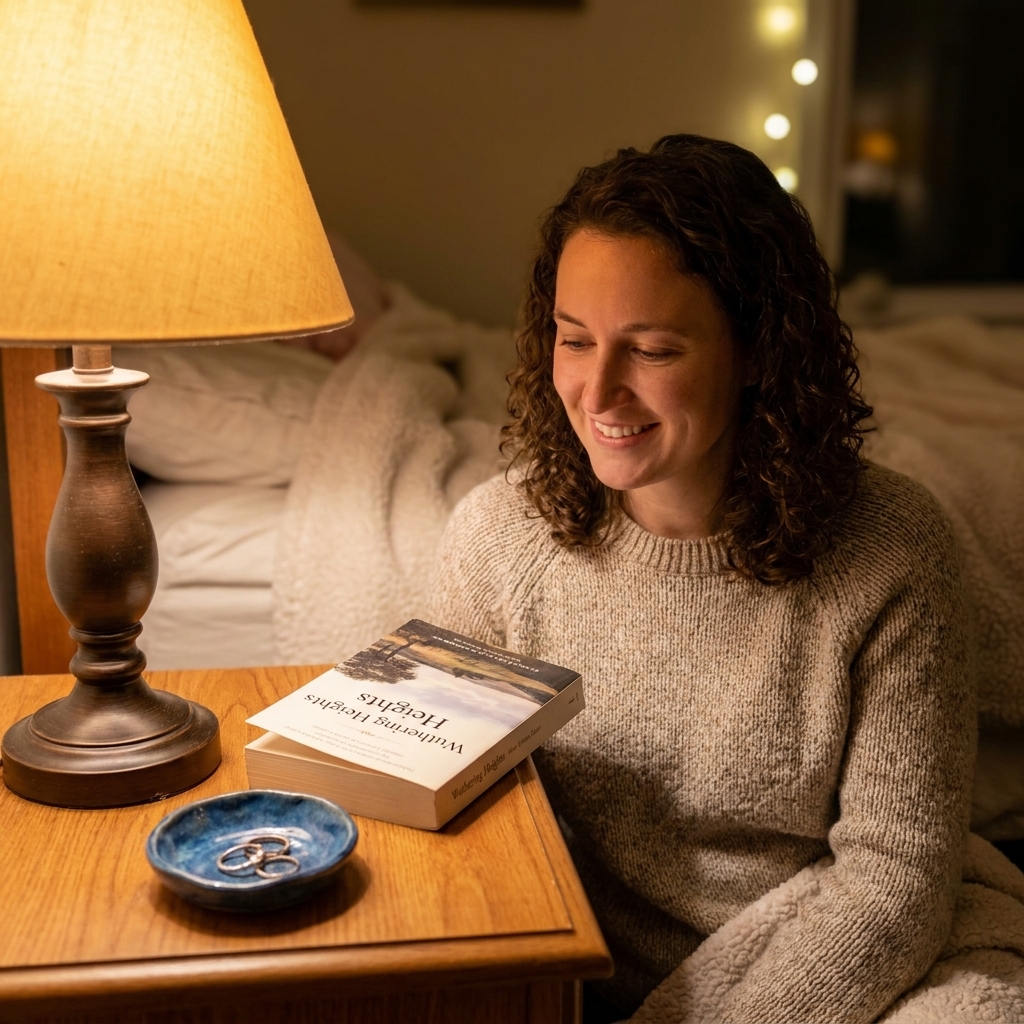 A real nightstand with a warm-glowing table lamp, a book, and a small ceramic dish, styled in a cozy bedroom