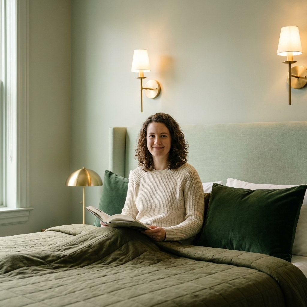 A sage-green monochromatic bedroom with a pale green wall, a deeper olive quilt, forest green accent pillows, and warm brass lighting for a calm hotel-like feel