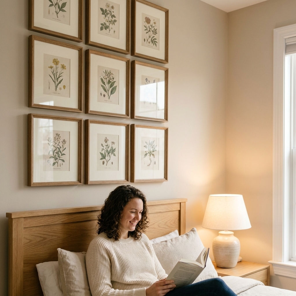 A serene bedroom with a wooden headboard and a neatly arranged gallery wall of framed prints above the bed, evenly spaced with matching mats, soft bedside lighting