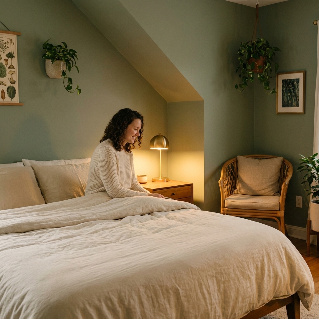 A serene bedroom with sage green walls, cream bedding, a rattan chair in the corner, and a small brass bedside lamp casting warm evening light
