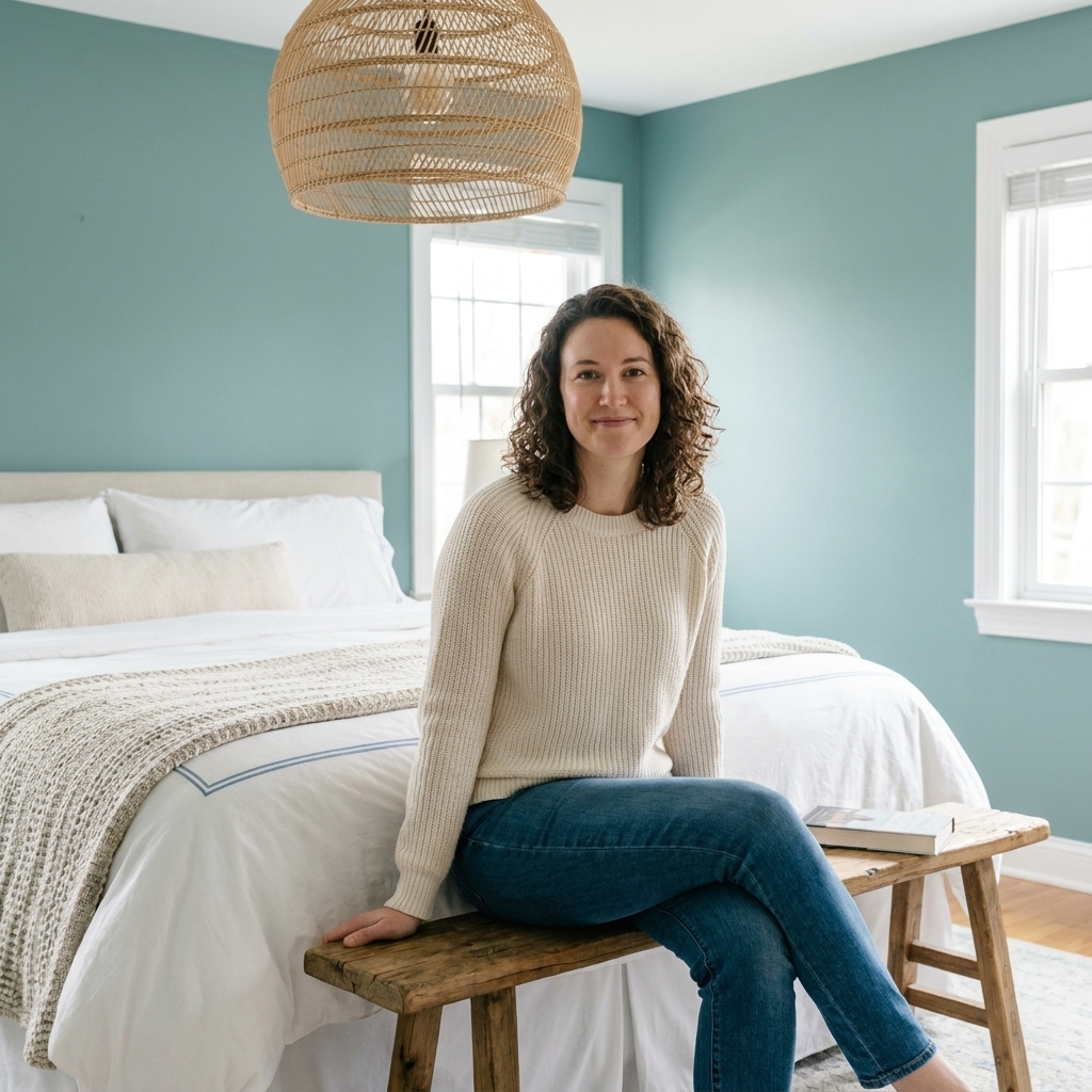 A serene bedroom with seafoam blue-green walls, a woven pendant light, white bedding with a subtle stripe, and a wooden bench at the foot of the bed