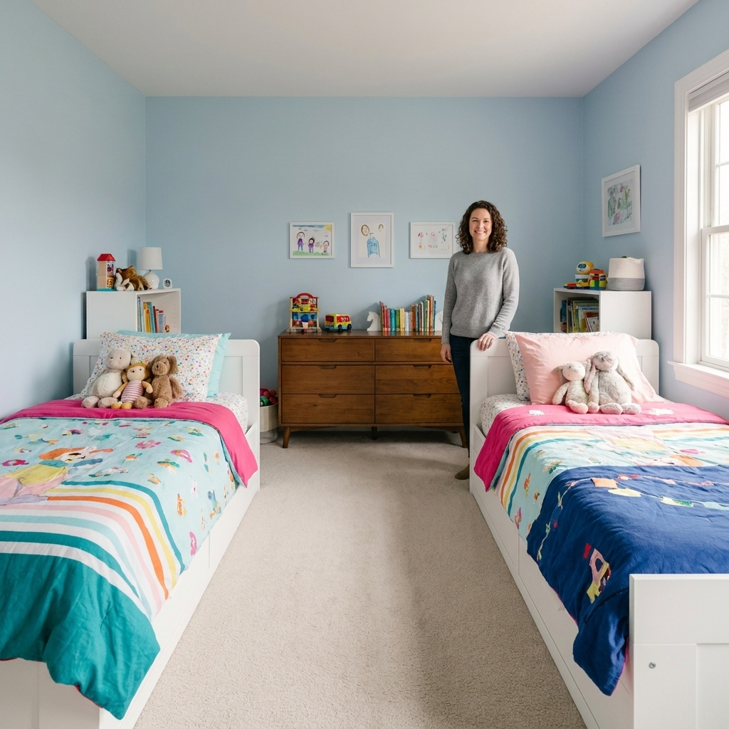 A shared kids bedroom with one twin bed on each opposite wall, leaving a clear walkway in the center and a dresser at the end