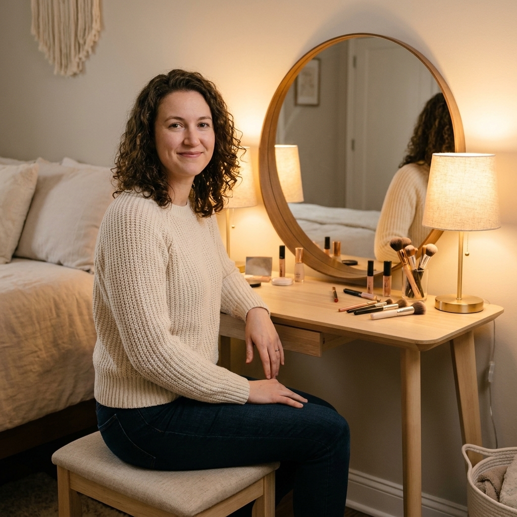 A simple vanity table in a bedroom with a round mirror, a small upholstered stool, and two warm lamps creating soft, flattering light