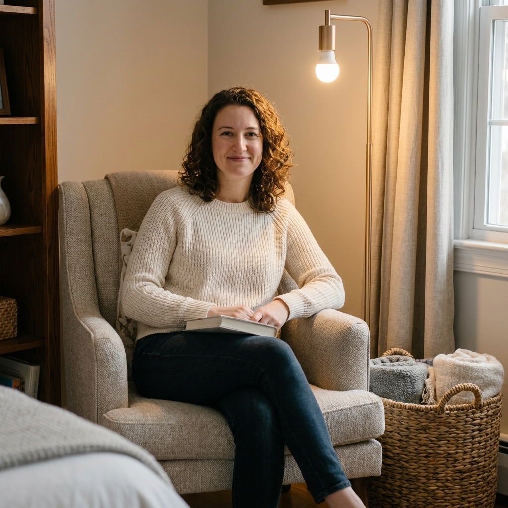 A small bedroom corner with a floor lamp casting warm light beside a textured armchair and a woven basket