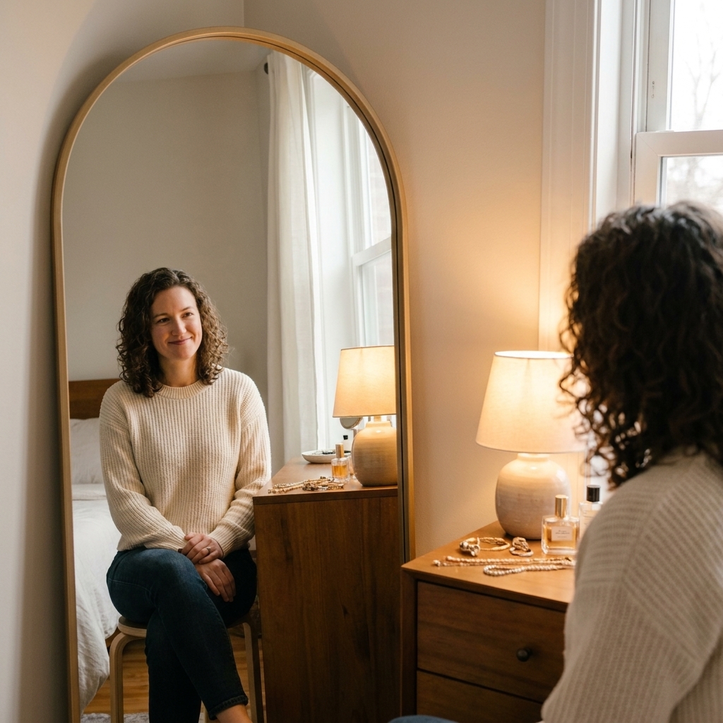 A small bedroom dressing corner with a dresser, a large arched mirror leaning securely against the wall, and a warm-glow table lamp