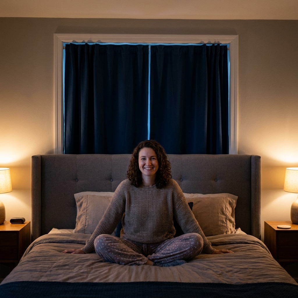 A small bedroom where the bed sits under a window, with a tall upholstered headboard, full blackout curtains, and two small nightstands creating a grounded, cozy feel