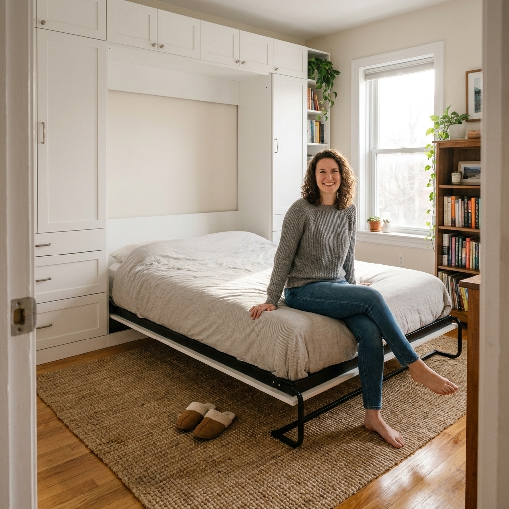 A small bedroom with a Murphy bed folded down from a white cabinet, leaving a clear walkway at the foot of the bed and a simple rug on the floor