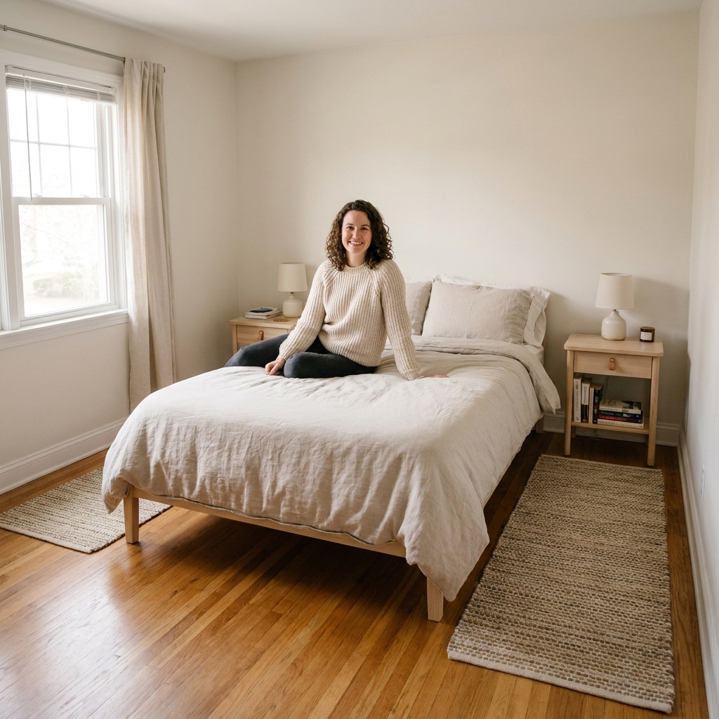 A small bedroom with a bed centered between two narrow runner rugs on each side, soft morning light, and simple wooden nightstands