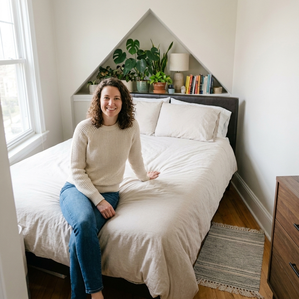 A small bedroom with a bed placed diagonally across a corner, leaving triangular space behind the headboard and a clear walkway around the foot of the bed
