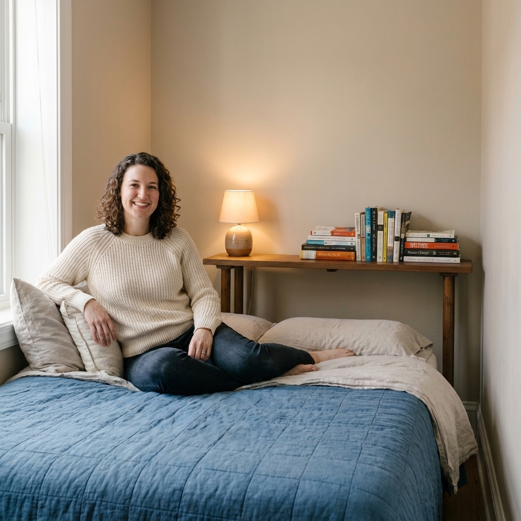 A small bedroom with a bed pulled slightly away from the wall and a narrow console table behind the headboard holding a lamp and books