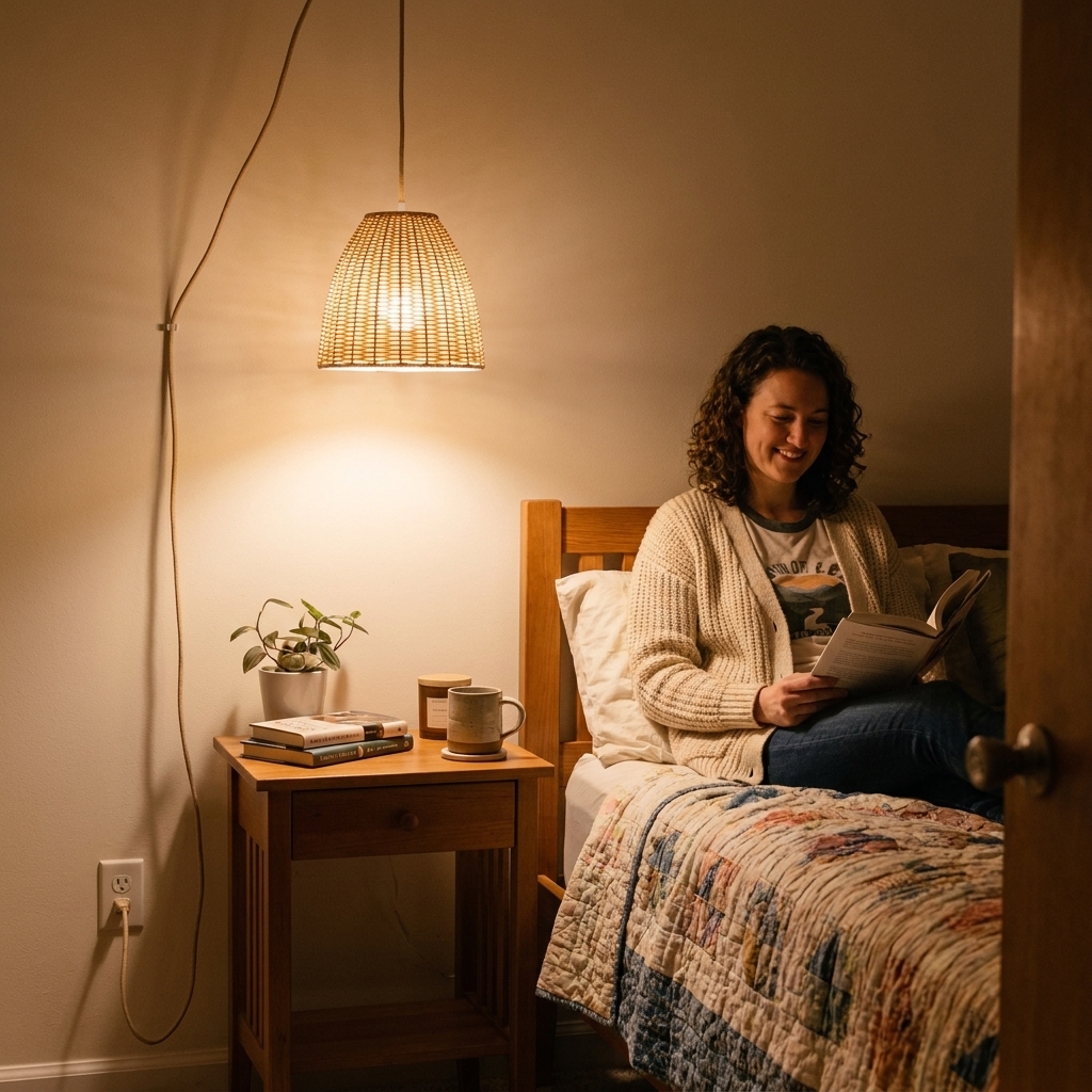 A small bedroom with a plug-in swag pendant hanging over a nightstand, the cord draped neatly to a wall outlet, casting a warm ambient glow