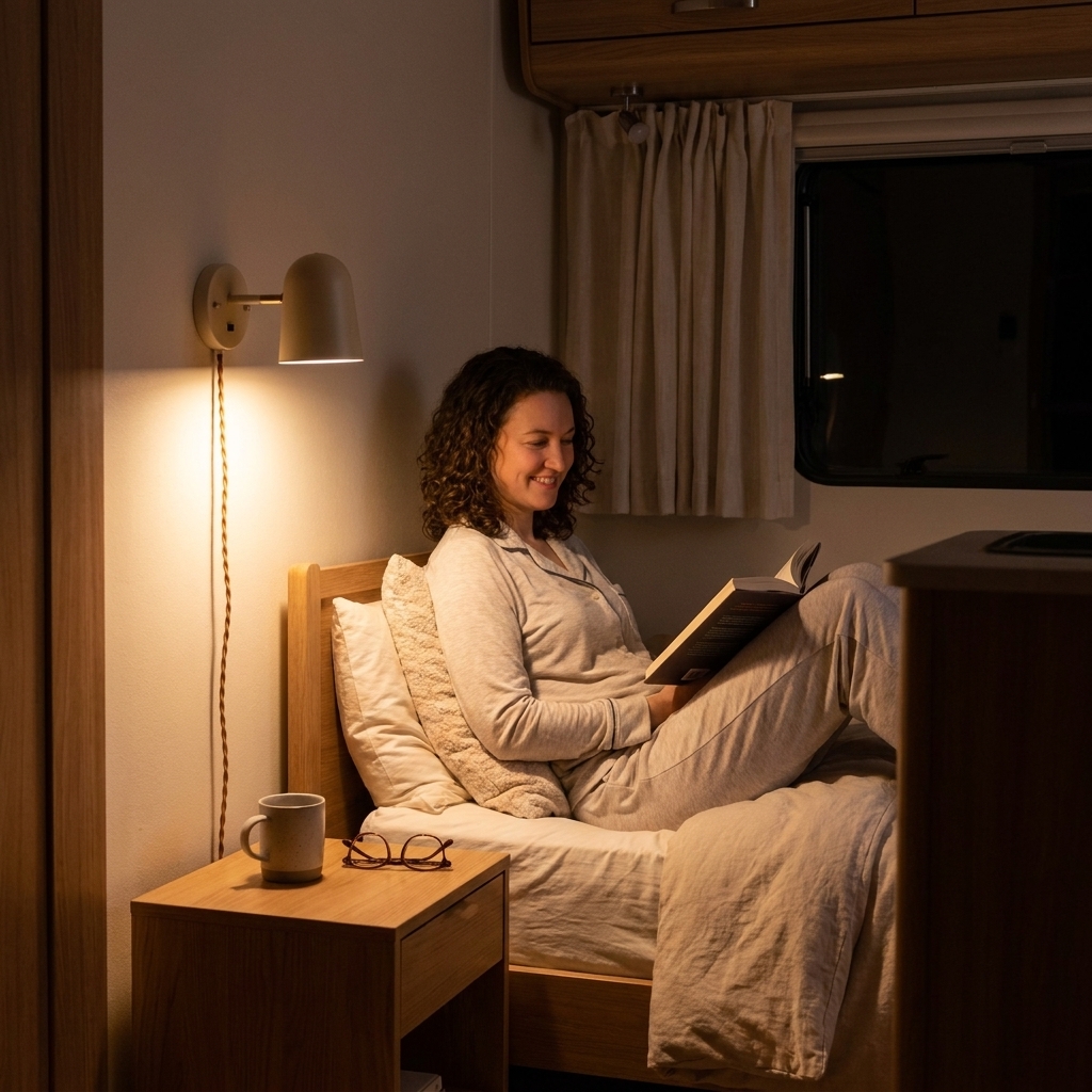 A small bedroom with a plug-in wall sconce mounted beside the bed, casting focused reading light onto pillows and a nightstand