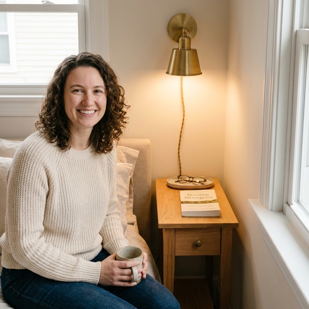 A small bedroom with a plug-in wall sconce mounted above a narrow nightstand, leaving the tabletop mostly clear except for a tray and a book
