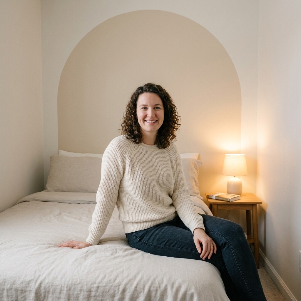 A small bedroom with a simple painted arch shape on the wall behind the bed, neutral bedding, and a compact nightstand with a warm reading lamp