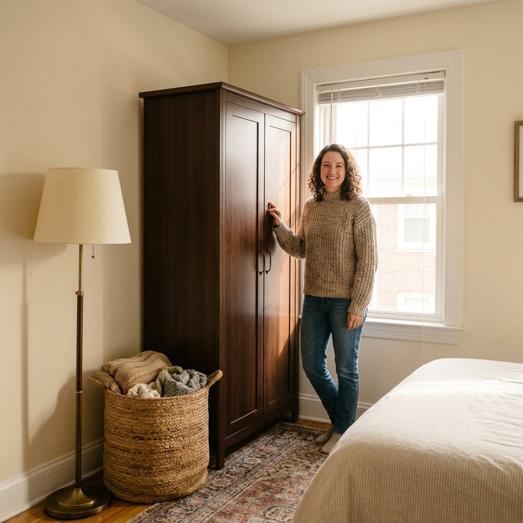 A small bedroom with a tall freestanding wardrobe tucked neatly into a corner near a window, with a floor lamp and woven basket beside it