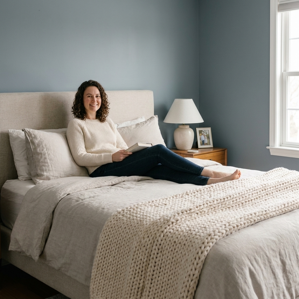 A small bedroom with muted blue-gray walls, an upholstered headboard in oatmeal fabric, and layered neutral bedding with a chunky knit throw