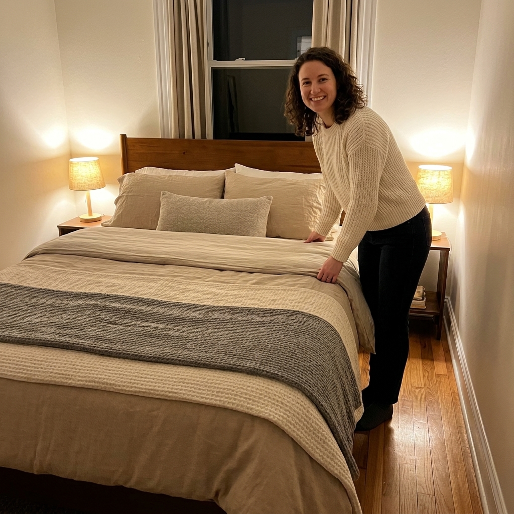 A small bedroom with soft warm bedside lamps, layered neutral bedding, and a clear open walkway beside the bed