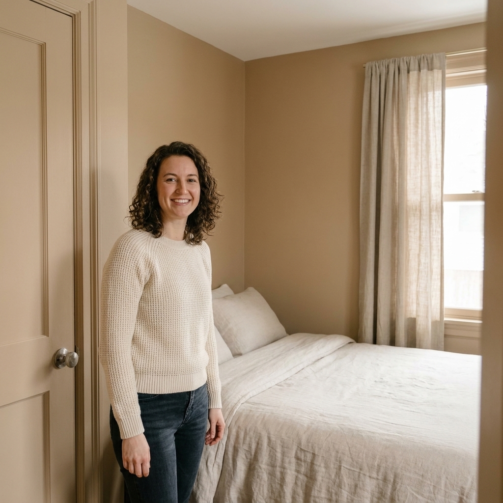 A small bedroom with walls, trim, and door painted the same warm neutral color, with a neatly made bed and simple curtains for a seamless look