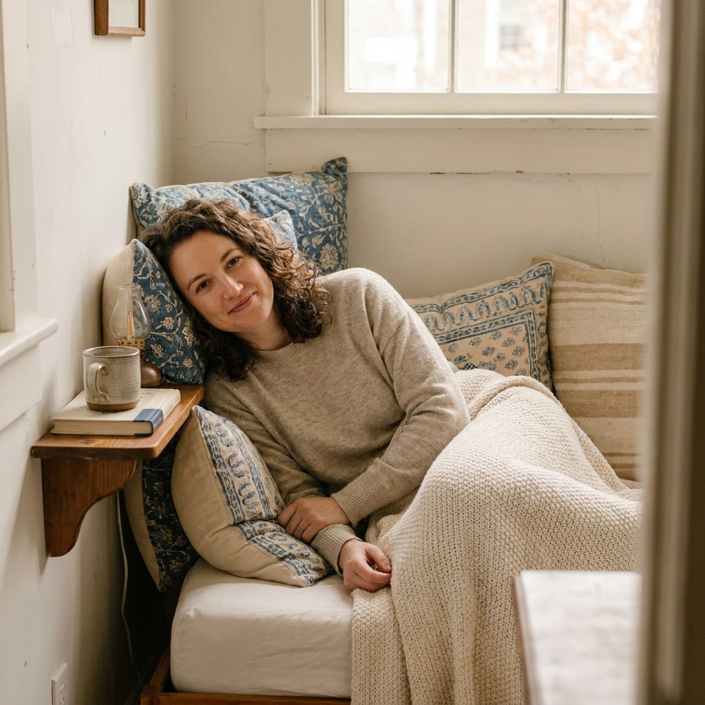 A small narrow bedroom with a bed tucked into a corner, a wall shelf used as a nightstand, and layered pillows with a soft throw
