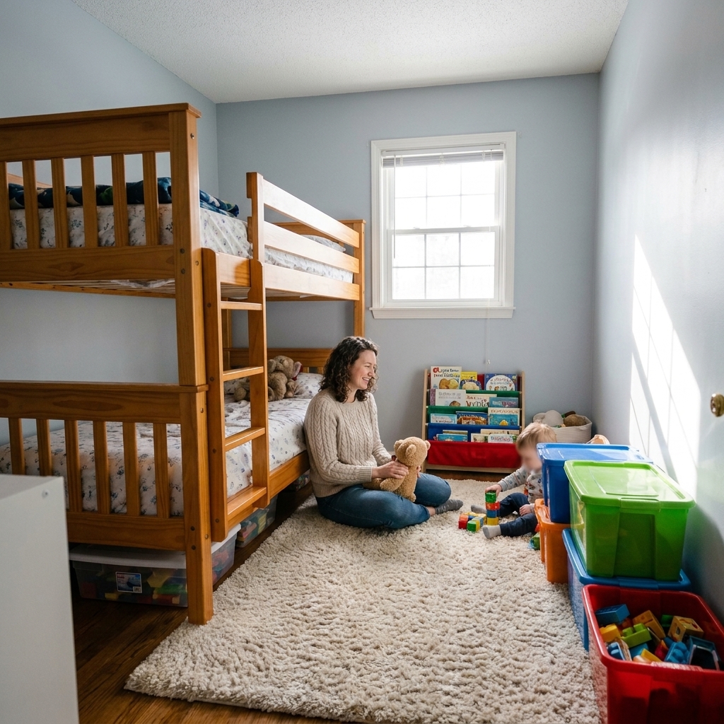 A small shared bedroom with twin-over-twin bunk beds against one wall, a soft rug in the center, and toy storage bins along the opposite side