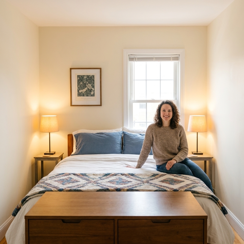 A small square bedroom with the bed centered on the back wall, a low dresser directly across from it, and two narrow nightstands with matching lamps