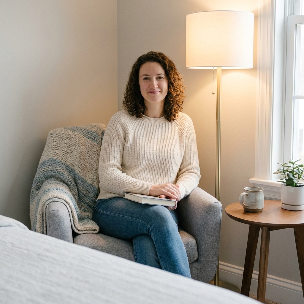 A small upholstered chair in a bedroom corner with a soft throw blanket draped over the arm, next to a floor lamp and a small side table