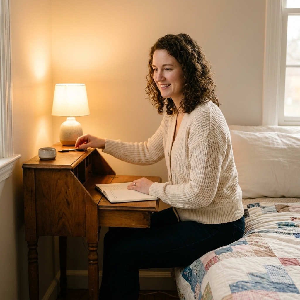 A small vintage writing desk used as a bedside table in a warm, softly lit bedroom, with a simple lamp, a notebook, and a neatly made bed nearby