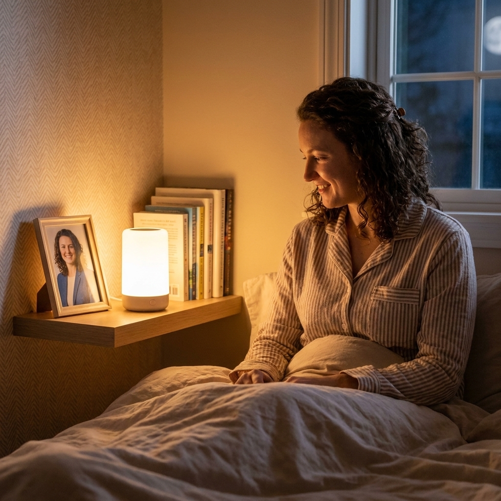 A softly lit bedroom at night with a small rechargeable lamp glowing on a floating shelf beside books and a framed photo, creating warm ambient light