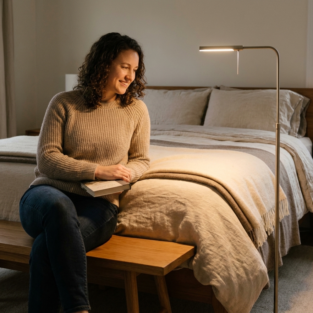 A softly lit bedroom with a slim floor lamp near the foot of the bed, casting warm light over an end-of-bed bench and layered neutral bedding