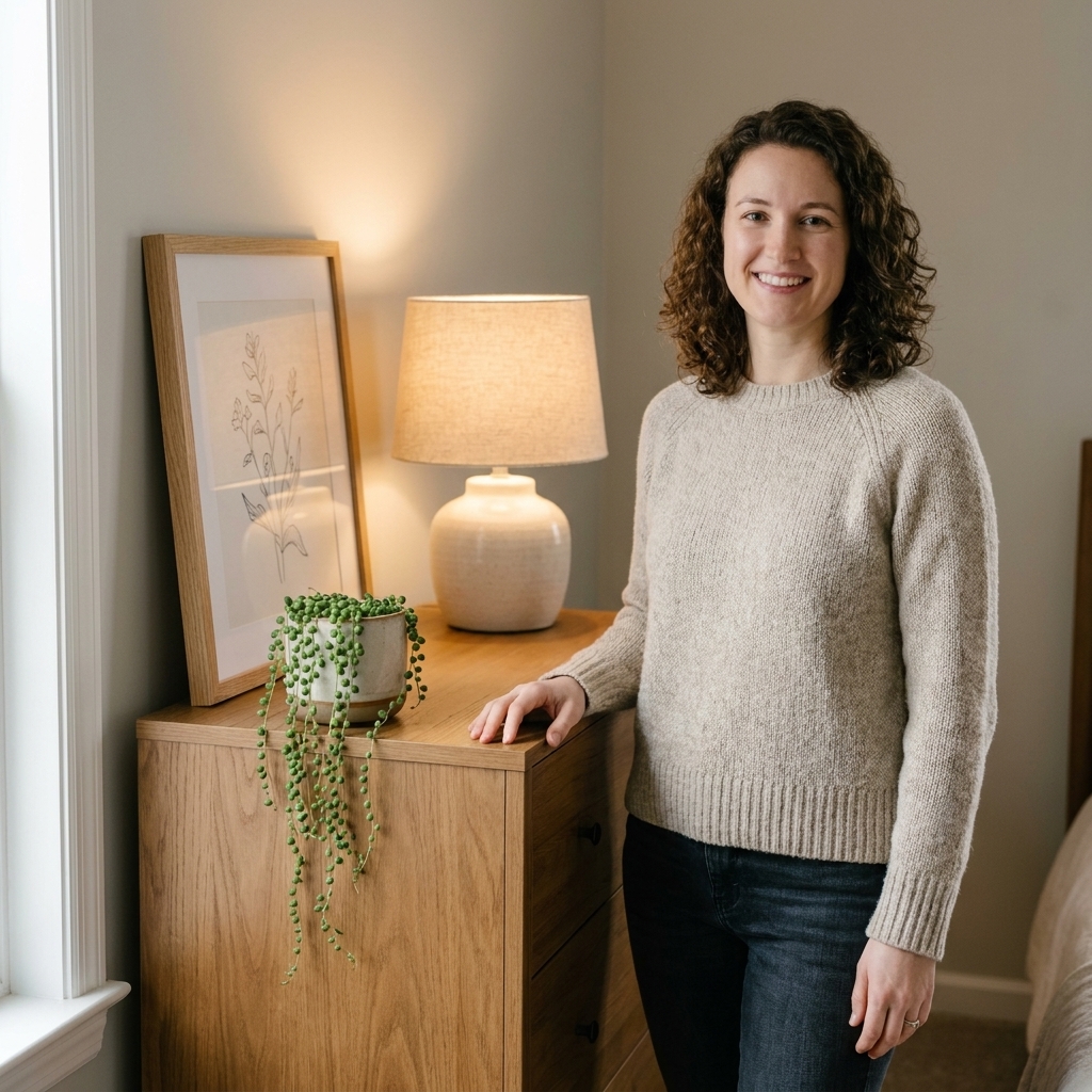 A styled bedroom dresser with a small trailing plant in a ceramic pot, a warm table lamp, and a simple framed print, arranged neatly in soft natural light