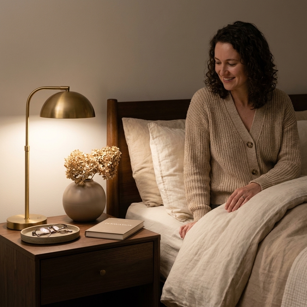 A styled nightstand in a monochromatic bedroom with a warm brass lamp, a neutral tray, a ceramic vase in a matching shade, and a single book