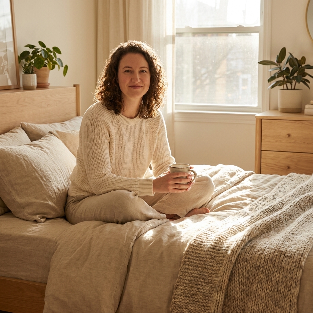 A sunlit bedroom with a bed dressed in washed flax linen sheets in a warm oatmeal color, casually wrinkled and layered with a chunky knit throw