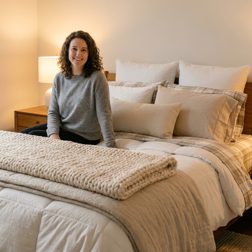 A thick cream chunky knit throw folded neatly at the foot of a bed with layered winter bedding and soft ambient lighting