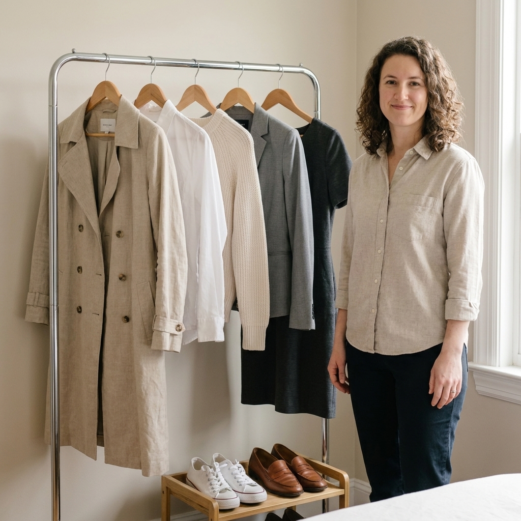 A tidy clothing rack in a bedroom with matching wooden hangers, a few neutral garments spaced evenly, and a small shoe tray underneath