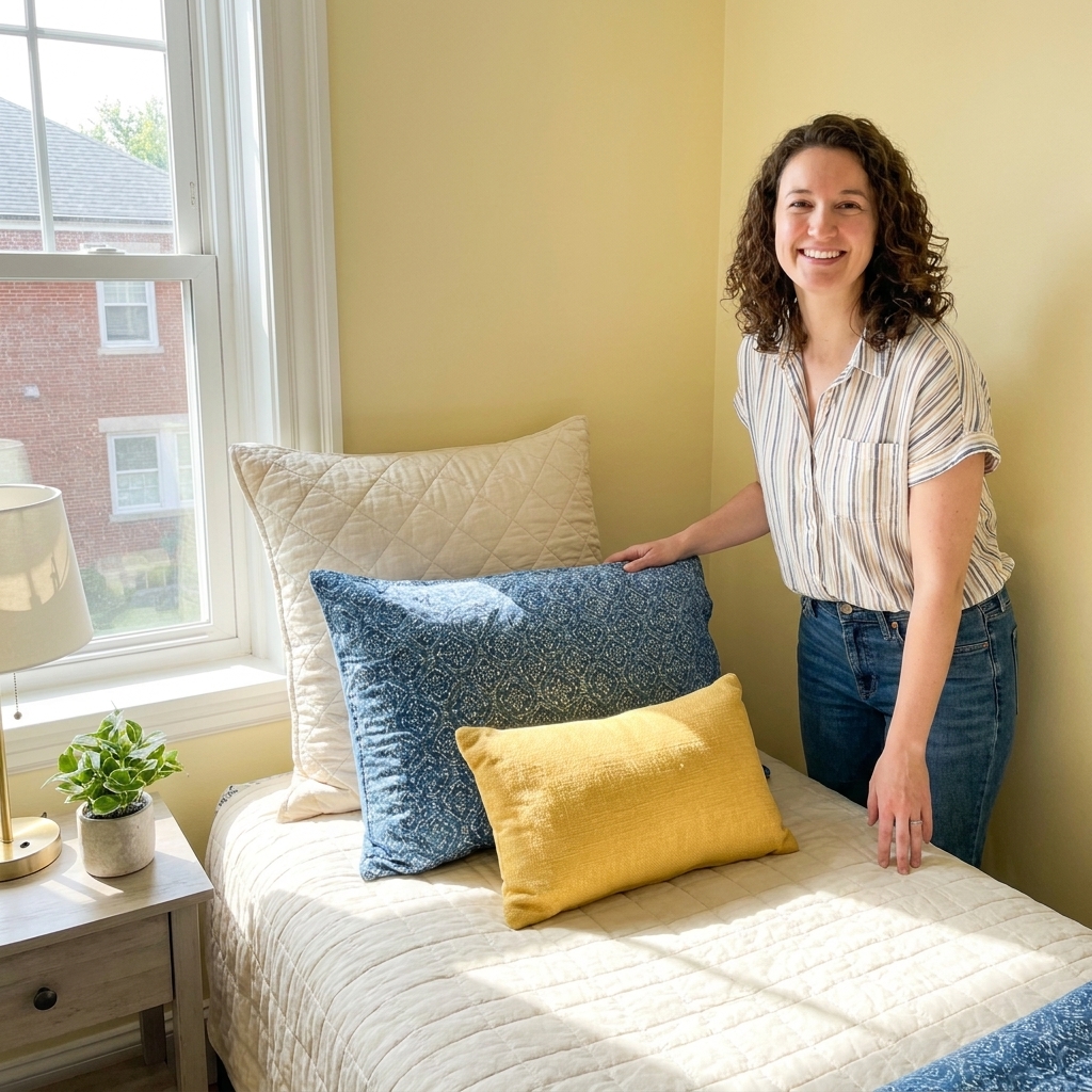 A twin bed with a simple layered pillow arrangement including one Euro sham at the back, one standard sham in front, and a small lumbar accent pillow, styled in a bright small bedroom