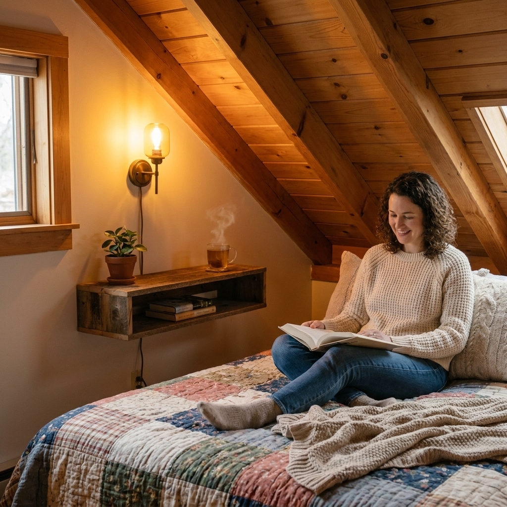A warm attic bedroom corner with a plug-in wall sconce above a floating bedside shelf next to a low bed under a slanted ceiling