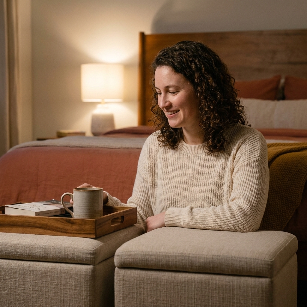 A warm bedroom with two small upholstered ottomans placed side by side at the foot of the bed, with a simple tray resting on one ottoman and soft ambient lighting