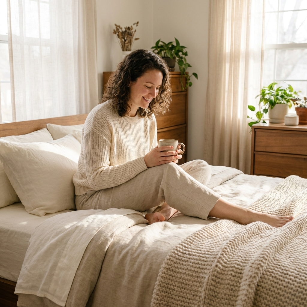 A warm neutral bedroom with layered linen bedding in ivory and flax, a textured knit throw, and soft morning light coming through curtains