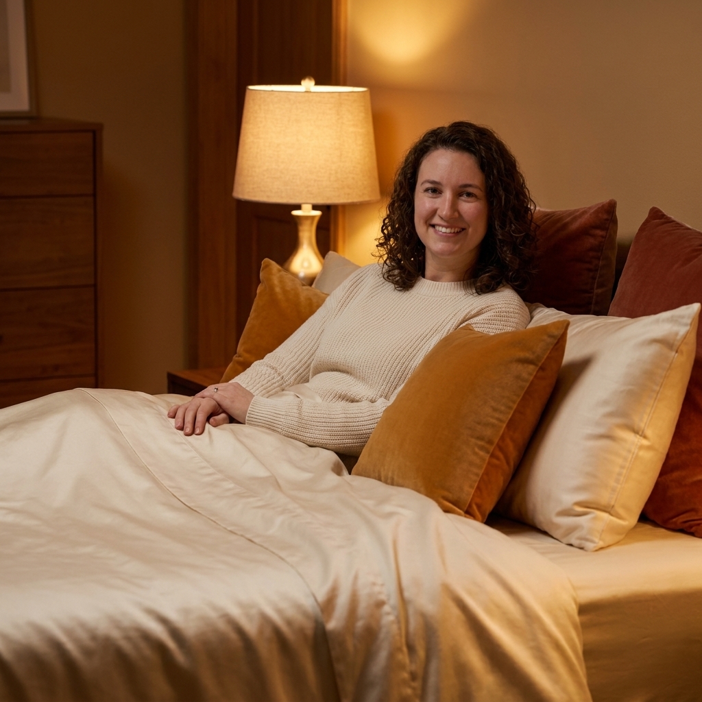 A warm-toned bedroom with a bed dressed in creamy cotton sateen sheets that have a soft sheen, styled with velvet accent pillows and a dim bedside lamp