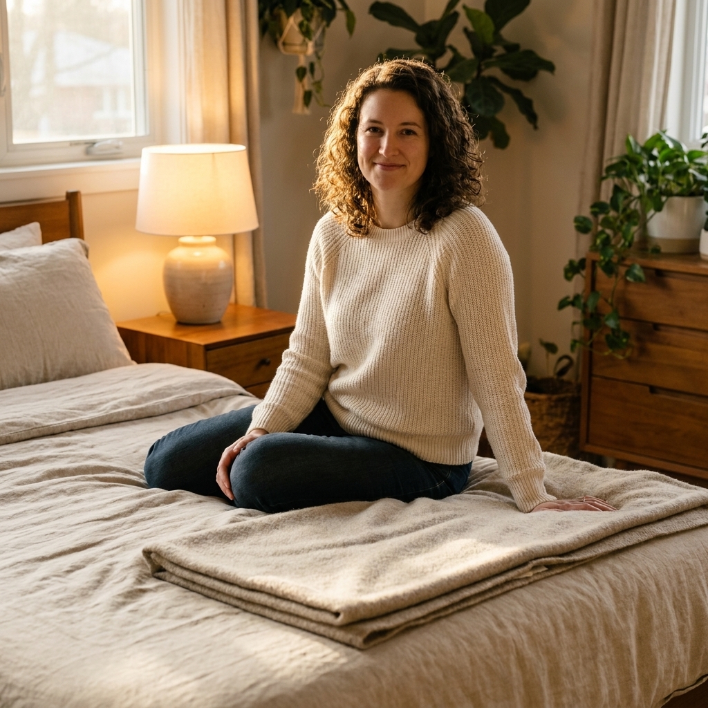 A warm-toned bedroom with a natural flax linen duvet cover, a folded throw blanket at the foot of the bed, and a wooden nightstand with a soft-glow lamp