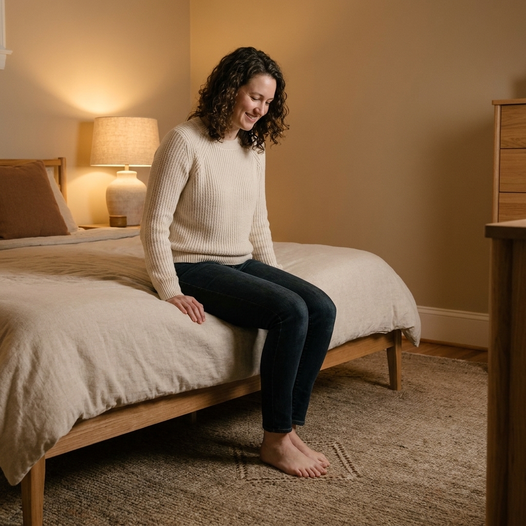 A warm-toned bedroom with a textured wool low-pile area rug under a bed, with a subtle woven pattern visible near the foot of the bed and soft ambient lighting