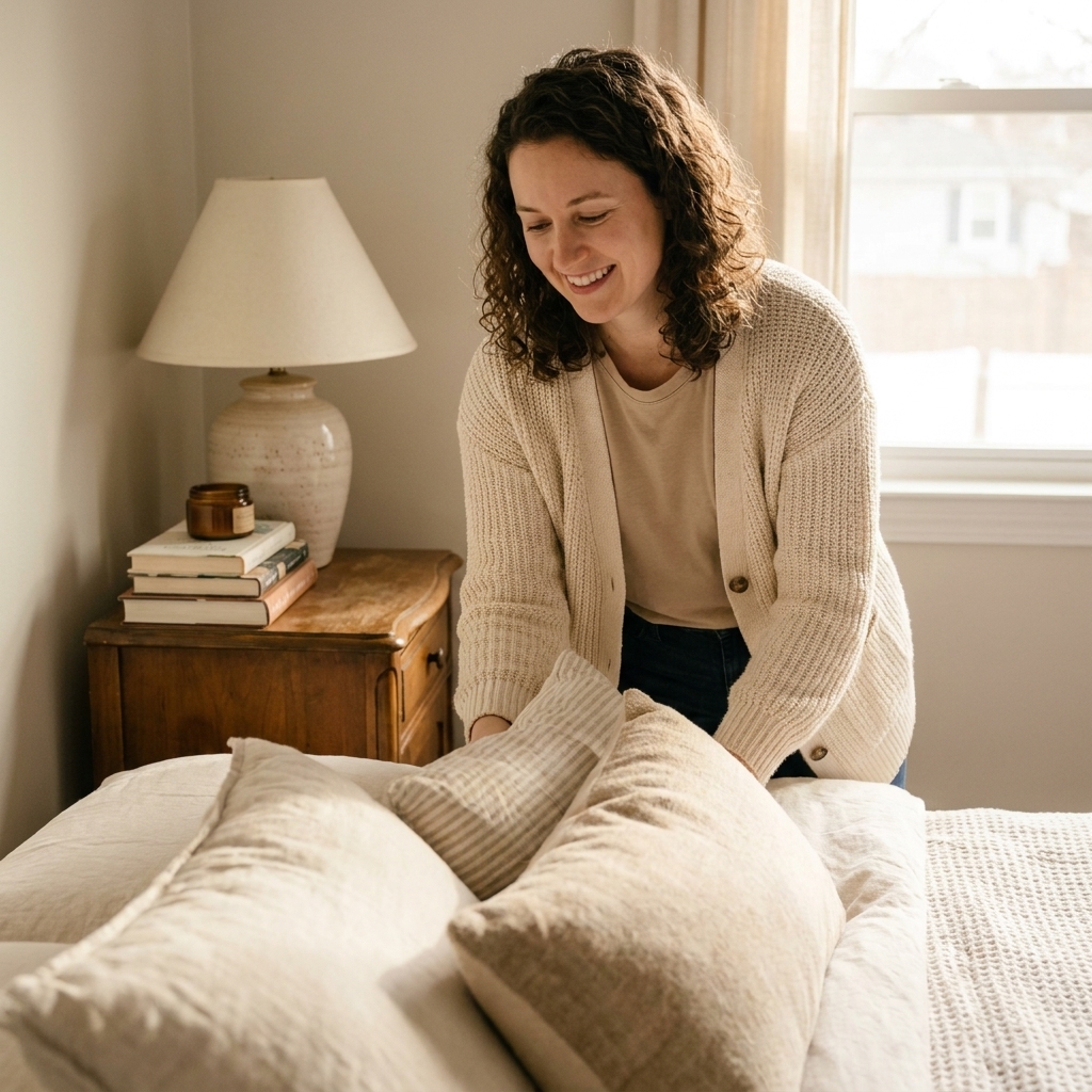 A woman fluffing layered pillows on a neatly made bed in a warm, softly lit bedroom with a vintage nightstand and a thrifted lamp