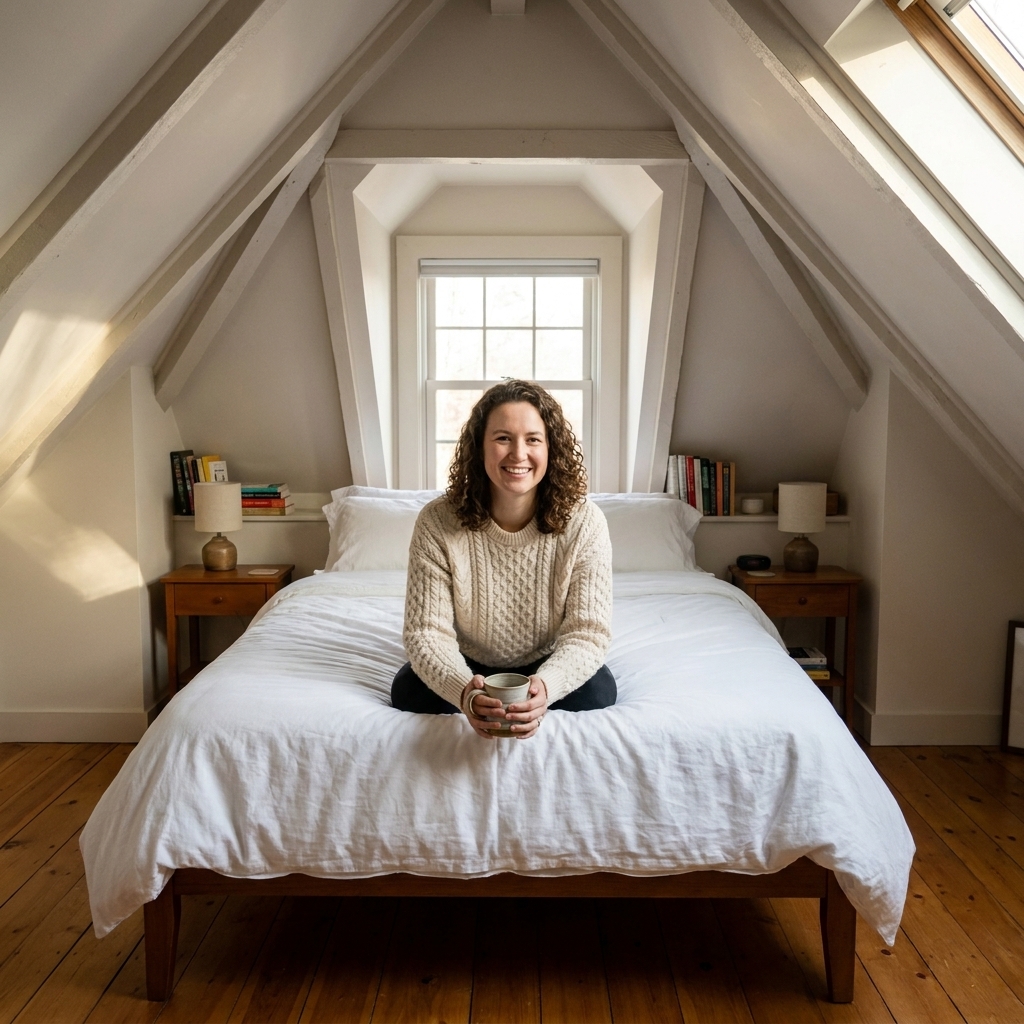An attic bedroom with a bed centered beneath a dormer window, crisp white bedding, and compact nightstands tucked neatly into the dormer alcove