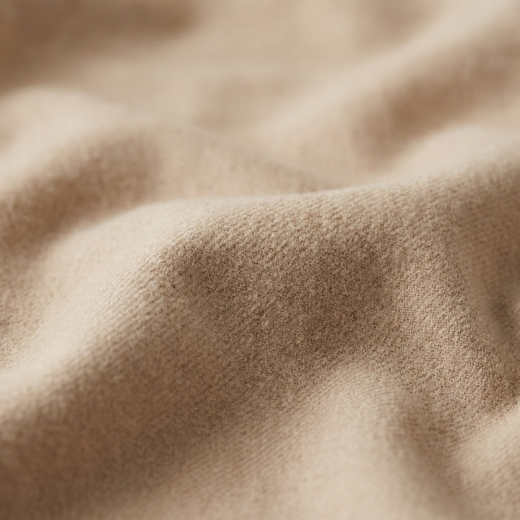 Close-up photo of soft cotton flannel sheet fabric with a subtle weave, warm neutral color and cozy texture