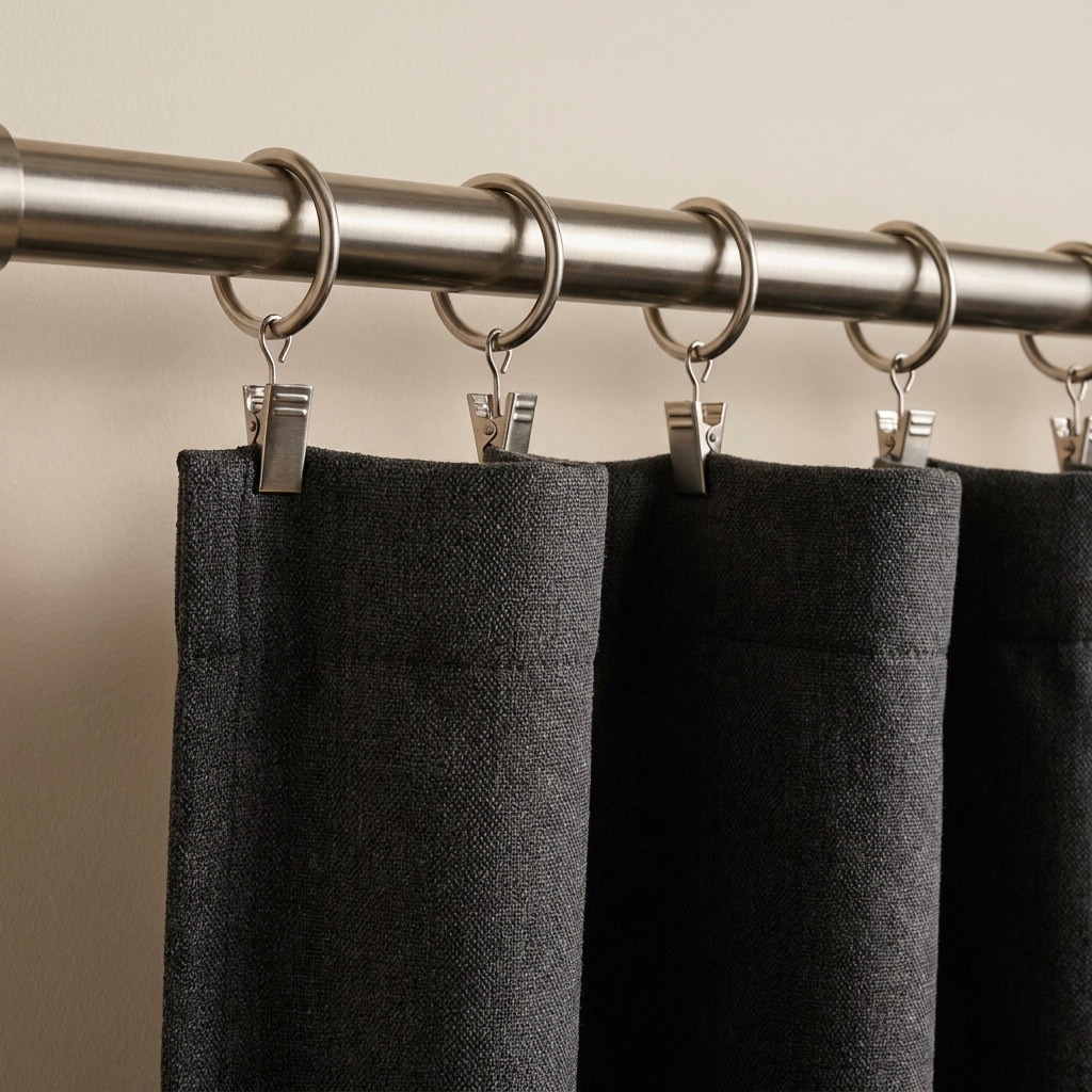 Thick blackout curtain fabric hanging from metal clip rings on a sturdy curtain rod