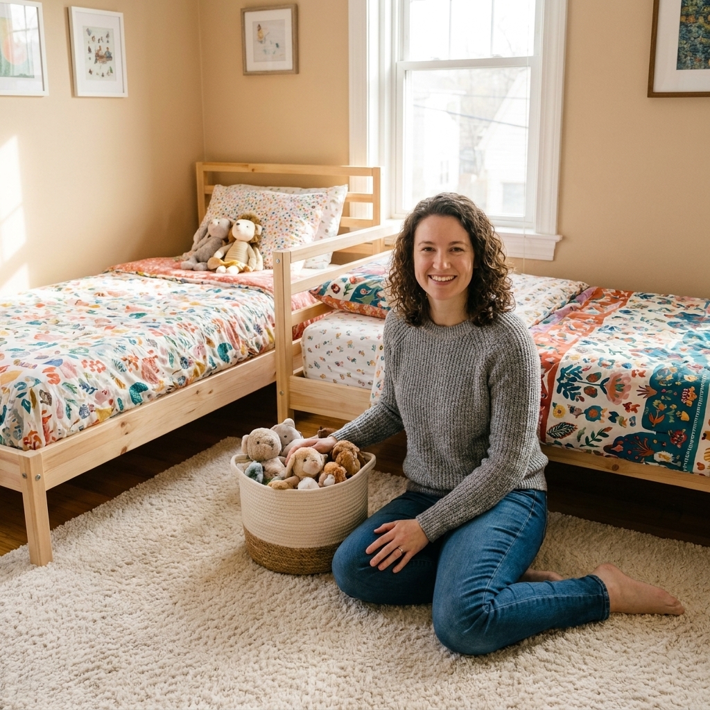Two twin beds arranged in an L shape sharing a corner in a small bedroom, with a soft rug and a toy basket in the open area