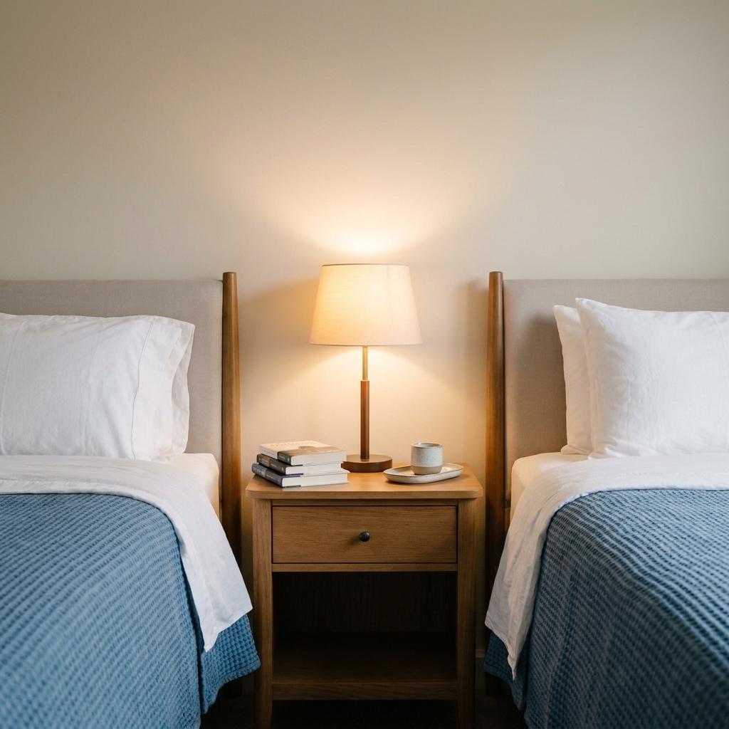 Two twin beds positioned head-to-head with a shared nightstand in the center holding a lamp, books, and a small tray
