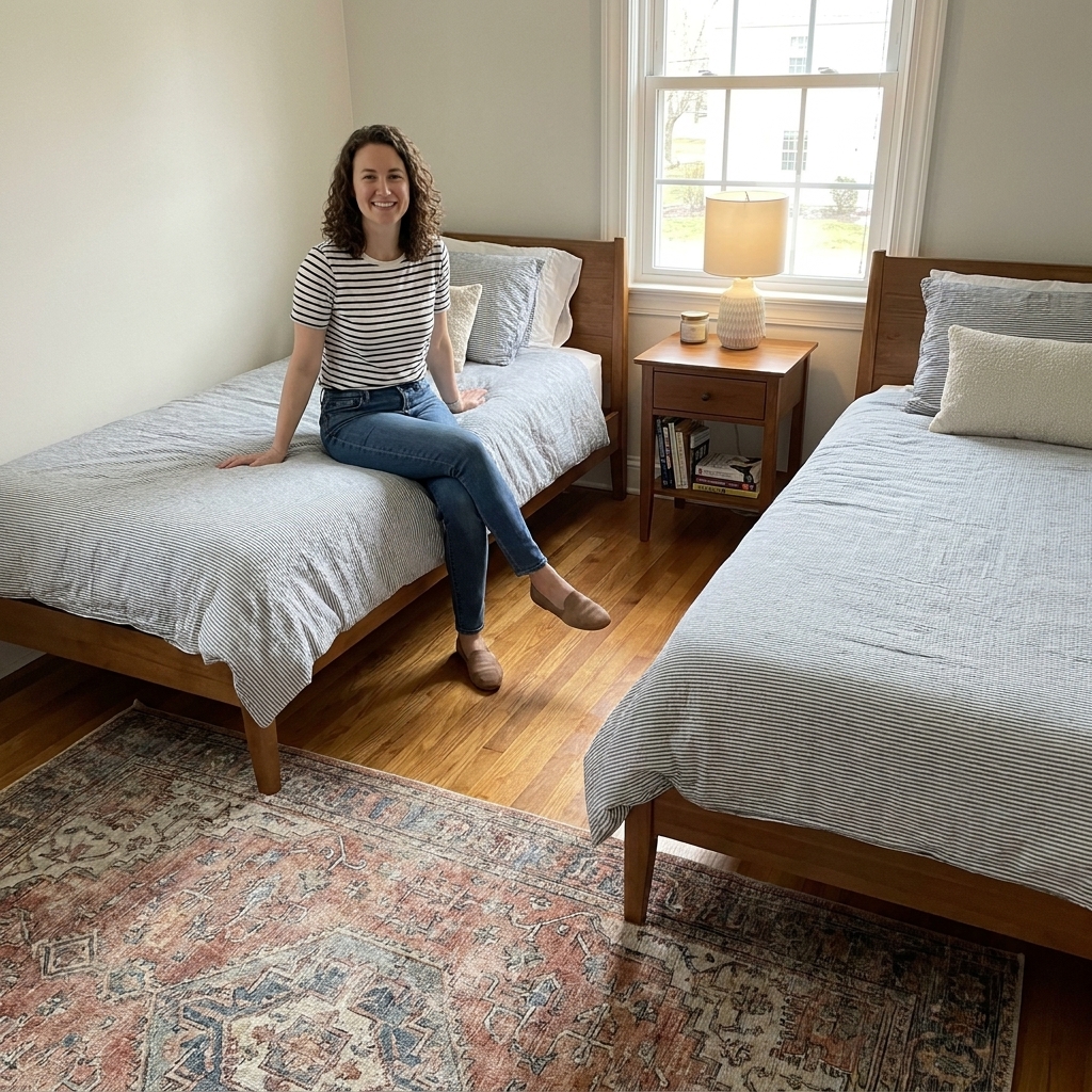 Two twin beds positioned parallel along the same wall with a narrow shared nightstand between them and an open floor area across the room